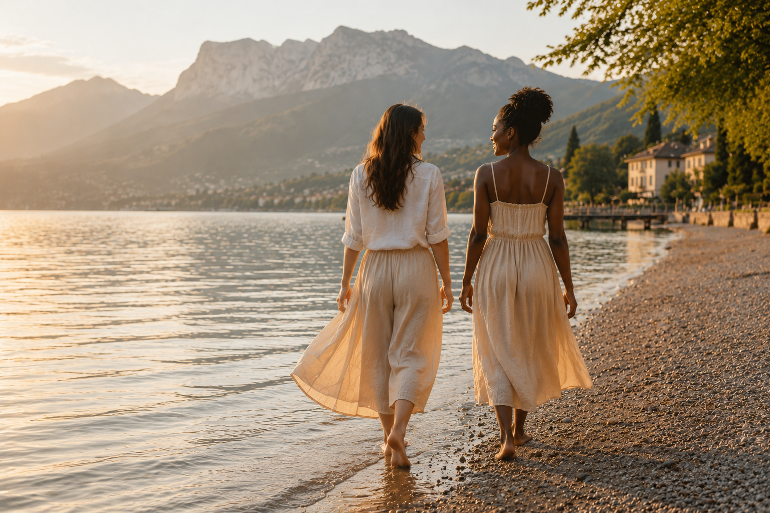 Deux femmes marchent pieds nus au bord du lac d’Annecy