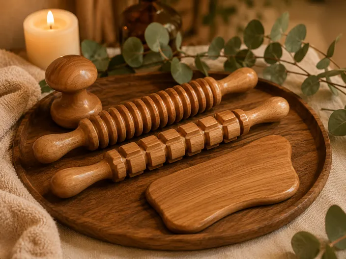 Instruments en bois utilisés pour la madérothérapie : champignon, rouleau cylindre, rouleau cube et table de remodelage.