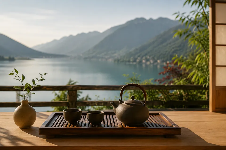 Théière asiatique et petites tasses sur une terrasse avec vue sur le lac et les montagnes